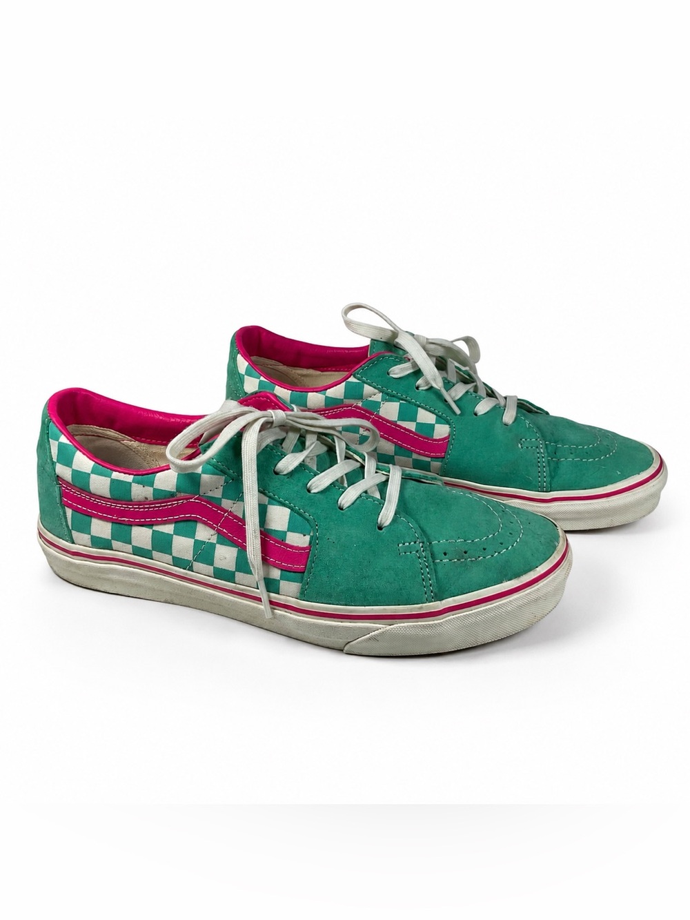Vans SK8-Low Teal White Pink Checkerboard Sneakers Unisex Size M 10.5/W12
